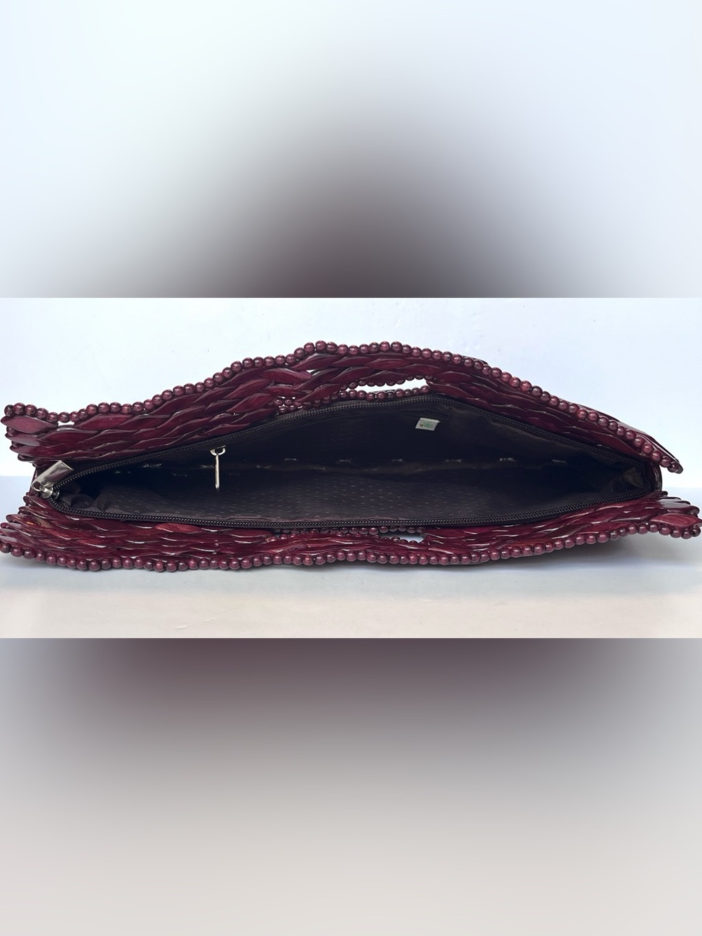 Vivian Bowles Handmade Wooden Scale Clutch Purse Lined Interior Maroon Burgundy - Picture 3 of 8